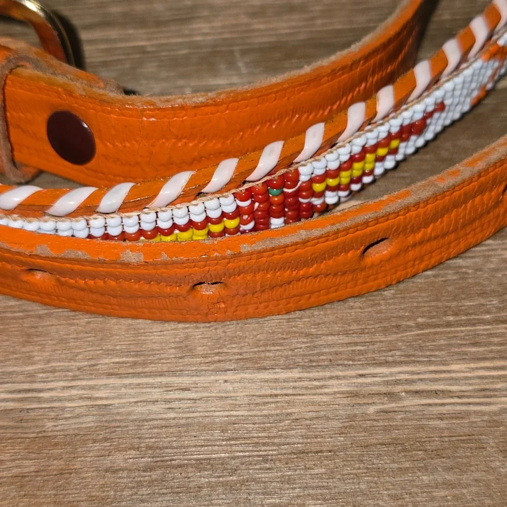 Vintage Orange Leather Beaded Belt 36 Western Thunderbird Hand Laced Boho